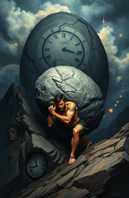 A surreal artistic representation inspired by "The Myth of Sisyphus" featuring a strong, muscular man struggling to push an immense boulder up a steep, rugged hill