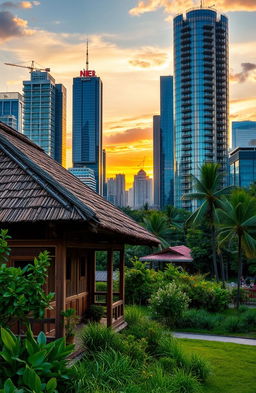 A traditional Laotian house in the foreground, showcasing intricate wooden architecture and thatched roof, surrounded by lush greenery