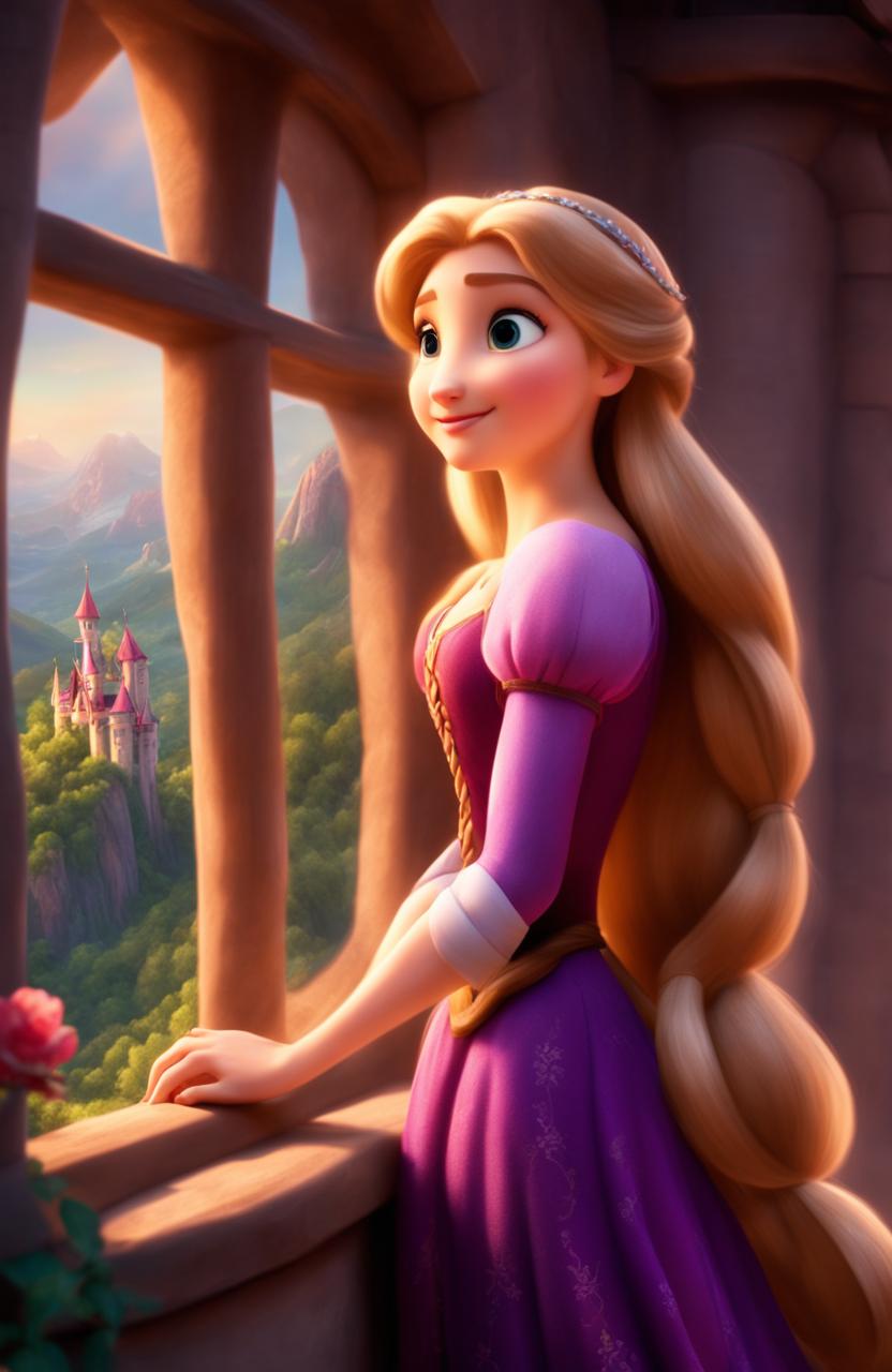 A cinematic photograph depicting Rapunzel leaning out of her tower's windowsill, her long braided hair trailing down