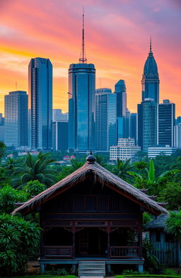 A traditional Laotian house in the foreground, showcasing intricate wooden architecture and thatched roof, surrounded by lush greenery