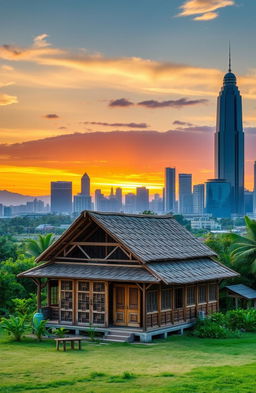 A traditional Laotian house in the foreground, showcasing intricate wooden architecture and thatched roof, surrounded by lush greenery