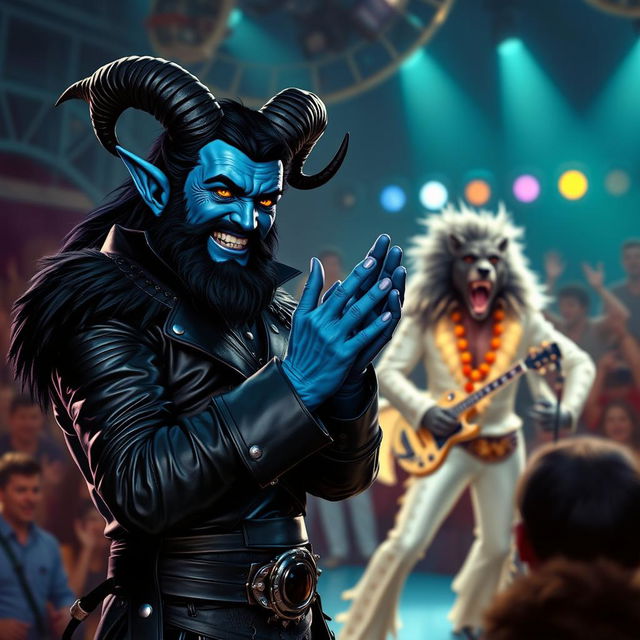 A blue male tiefling with black ram horns, dark black hair and a matching beard, and bright gold eyes, exuberantly cheers for an Elvis impersonator who has transformed into a werewolf