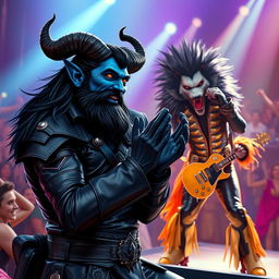 A blue male tiefling with black ram horns, dark black hair and a matching beard, and bright gold eyes, exuberantly cheers for an Elvis impersonator who has transformed into a werewolf