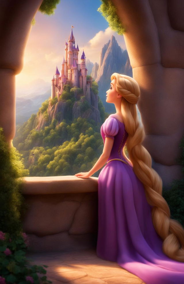 A cinematic photograph depicting Rapunzel leaning out of her tower's windowsill, her long braided hair trailing down