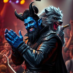 A blue male tiefling with black ram horns, dark black hair and a matching beard, and bright gold eyes, exuberantly cheers for an Elvis impersonator who has transformed into a werewolf