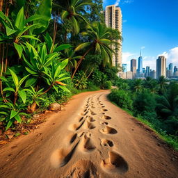 Footprints in the foreground leading from a lush Laotian jungle filled with vibrant greenery and tropical plants, transitioning into an urban American skyline in the background, featuring tall buildings and a clear blue sky