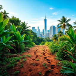 Footprints in the foreground leading from a lush Laotian jungle filled with vibrant greenery and tropical plants, transitioning into an urban American skyline in the background, featuring tall buildings and a clear blue sky