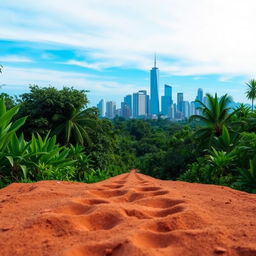 Footprints in the foreground leading from a lush Laotian jungle filled with vibrant greenery and tropical plants, transitioning into an urban American skyline in the background, featuring tall buildings and a clear blue sky