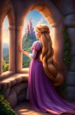 A cinematic photograph depicting Rapunzel leaning out of her tower's windowsill, her long braided hair trailing down