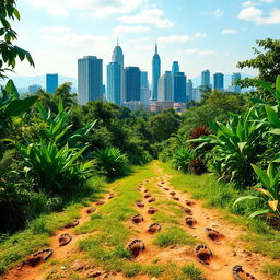 Footprints in the foreground leading from a lush Laotian jungle filled with vibrant greenery and tropical plants, transitioning into an urban American skyline in the background, featuring tall buildings and a clear blue sky