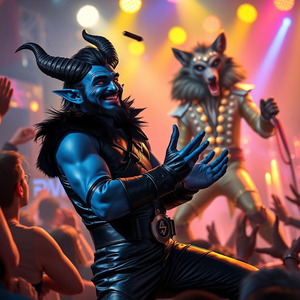 A blue male tiefling with striking black ram horns, dark black hair styled with a goatee, and bright gold eyes is enthusiastically cheering for a werewolf Elvis performer