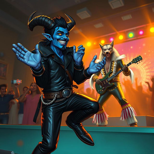 A blue male tiefling with striking black ram horns, dark black hair styled with a goatee, and bright gold eyes is enthusiastically cheering for a werewolf Elvis performer