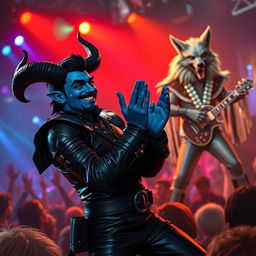 A blue male tiefling with striking black ram horns, dark black hair styled with a goatee, and bright gold eyes is enthusiastically cheering for a werewolf Elvis performer