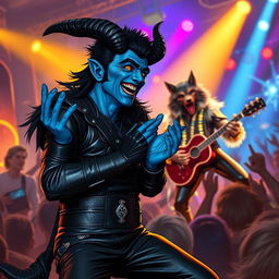 A blue male tiefling with striking black ram horns, dark black hair styled with a goatee, and bright gold eyes is enthusiastically cheering for a werewolf Elvis performer
