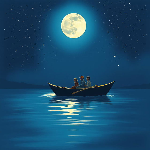 A small boat carrying a family gently crossing a river under a starry night sky, symbolizing both the physical journey and the emotional weight of leaving home