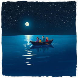 A small boat carrying a family gently crossing a river under a starry night sky, symbolizing both the physical journey and the emotional weight of leaving home