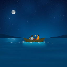 A small boat carrying a family gently crossing a river under a starry night sky, symbolizing both the physical journey and the emotional weight of leaving home
