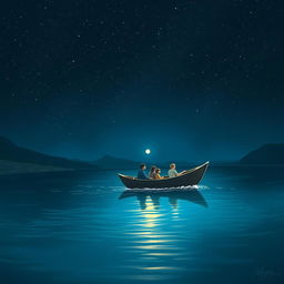 A small boat carrying a family gently crossing a river under a starry night sky, symbolizing both the physical journey and the emotional weight of leaving home