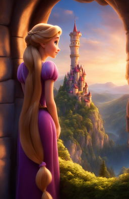 A cinematic photograph depicting Rapunzel leaning out of her tower's windowsill, her long braided hair trailing down