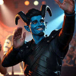 A handsome young blue male tiefling with striking black ram horns, smooth black hair and a stylish goatee, and bright gold eyes is energetically cheering for a werewolf Elvis