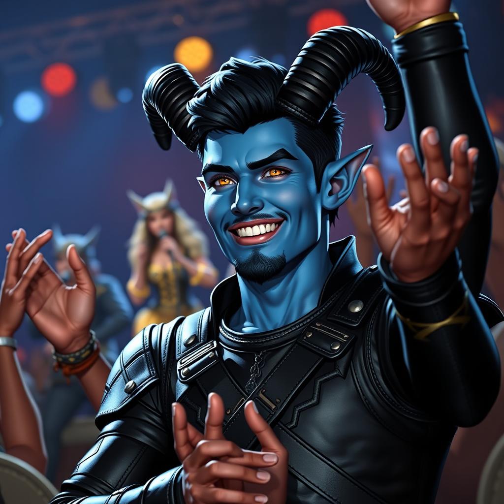 A handsome young blue male tiefling with striking black ram horns, smooth black hair and a stylish goatee, and bright gold eyes is energetically cheering for a werewolf Elvis