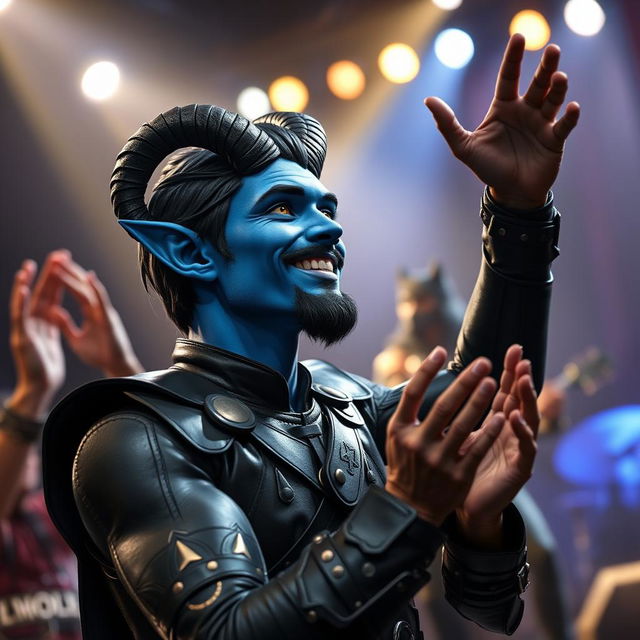 A handsome young blue male tiefling with striking black ram horns, smooth black hair and a stylish goatee, and bright gold eyes is energetically cheering for a werewolf Elvis