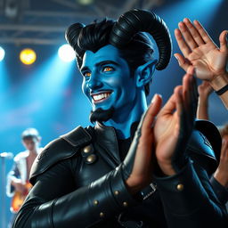 A handsome young blue male tiefling with striking black ram horns, smooth black hair and a stylish goatee, and bright gold eyes is energetically cheering for a werewolf Elvis