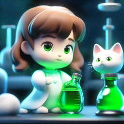 A 3D animated image depicting a brown-haired scientist in a dimly lit blue laboratory, injecting a glowing green liquid into a small, adorable white kitten