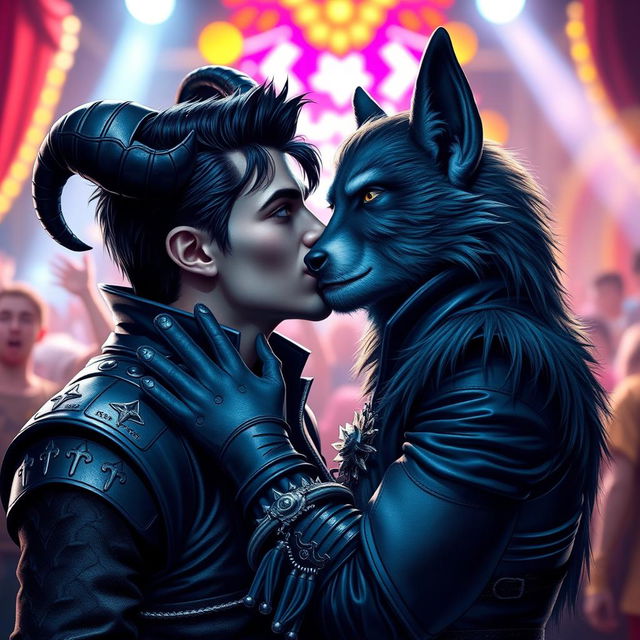 A handsome young blue male tiefling, featuring striking black ram horns, sleek black hair styled with a goatee, and radiant gold eyes, is romantically kissing a werewolf Elvis