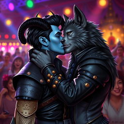 A handsome young blue male tiefling, featuring striking black ram horns, sleek black hair styled with a goatee, and radiant gold eyes, is romantically kissing a werewolf Elvis