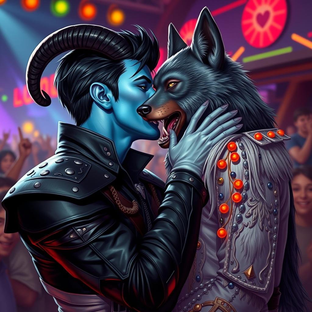 A handsome young blue male tiefling, featuring striking black ram horns, sleek black hair styled with a goatee, and radiant gold eyes, is romantically kissing a werewolf Elvis