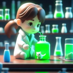 A 3D animated image depicting a brown-haired scientist in a dimly lit blue laboratory, injecting a glowing green liquid into a small, adorable white kitten