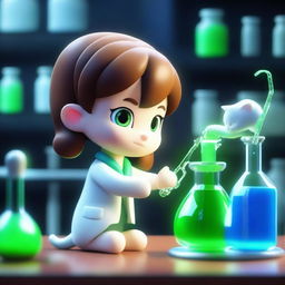 A 3D animated image depicting a brown-haired scientist in a dimly lit blue laboratory, injecting a glowing green liquid into a small, adorable white kitten