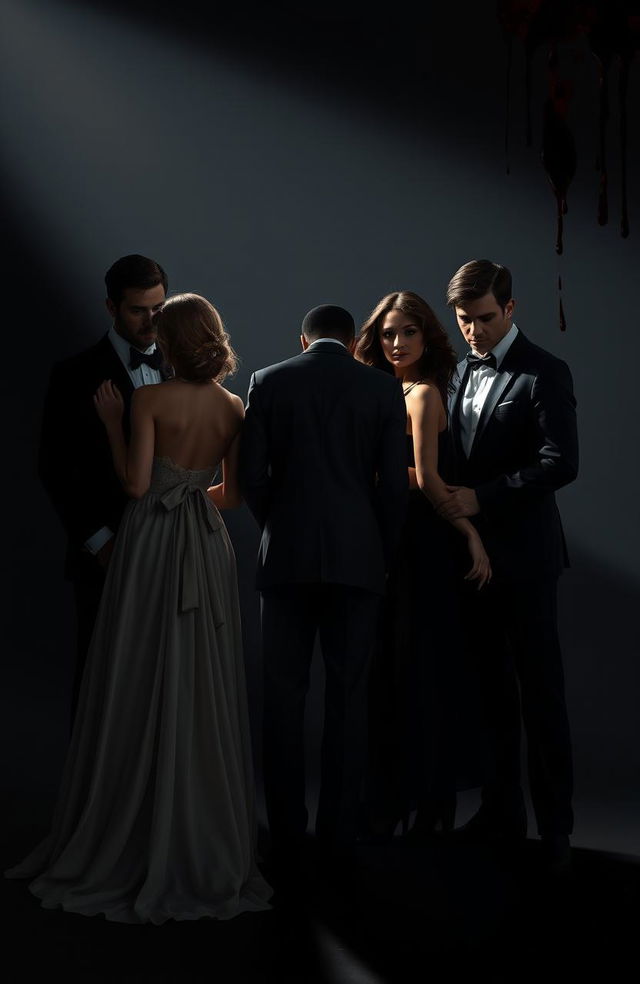 A cinematic scene depicting three couples involved in a mafia-themed story