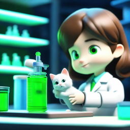 A 3D animated image depicting a brown-haired scientist in a dimly lit blue laboratory, injecting a glowing green liquid into a small, adorable white kitten