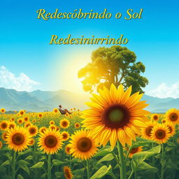 A realistic illustration of a sunflower field with tall, vibrant sunflowers under a bright blue sky, set against a backdrop of majestic mountains