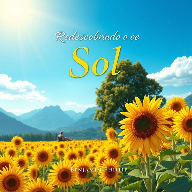 A realistic illustration of a sunflower field with tall, vibrant sunflowers under a bright blue sky, set against a backdrop of majestic mountains