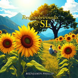 A realistic illustration of a sunflower field with tall, vibrant sunflowers under a bright blue sky, set against a backdrop of majestic mountains