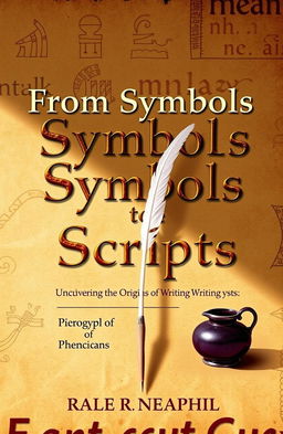 A visually striking book cover titled "From Symbols to Scripts: Uncovering the Origins of Writing Systems"