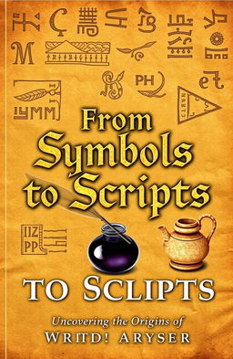 A visually striking book cover titled "From Symbols to Scripts: Uncovering the Origins of Writing Systems"