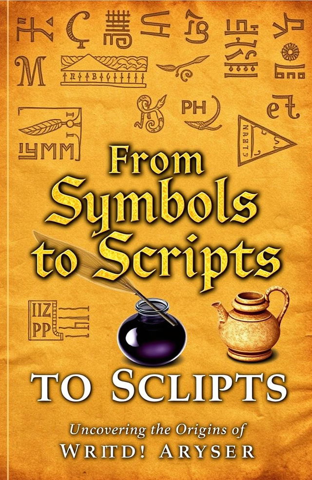 A visually striking book cover titled "From Symbols to Scripts: Uncovering the Origins of Writing Systems"