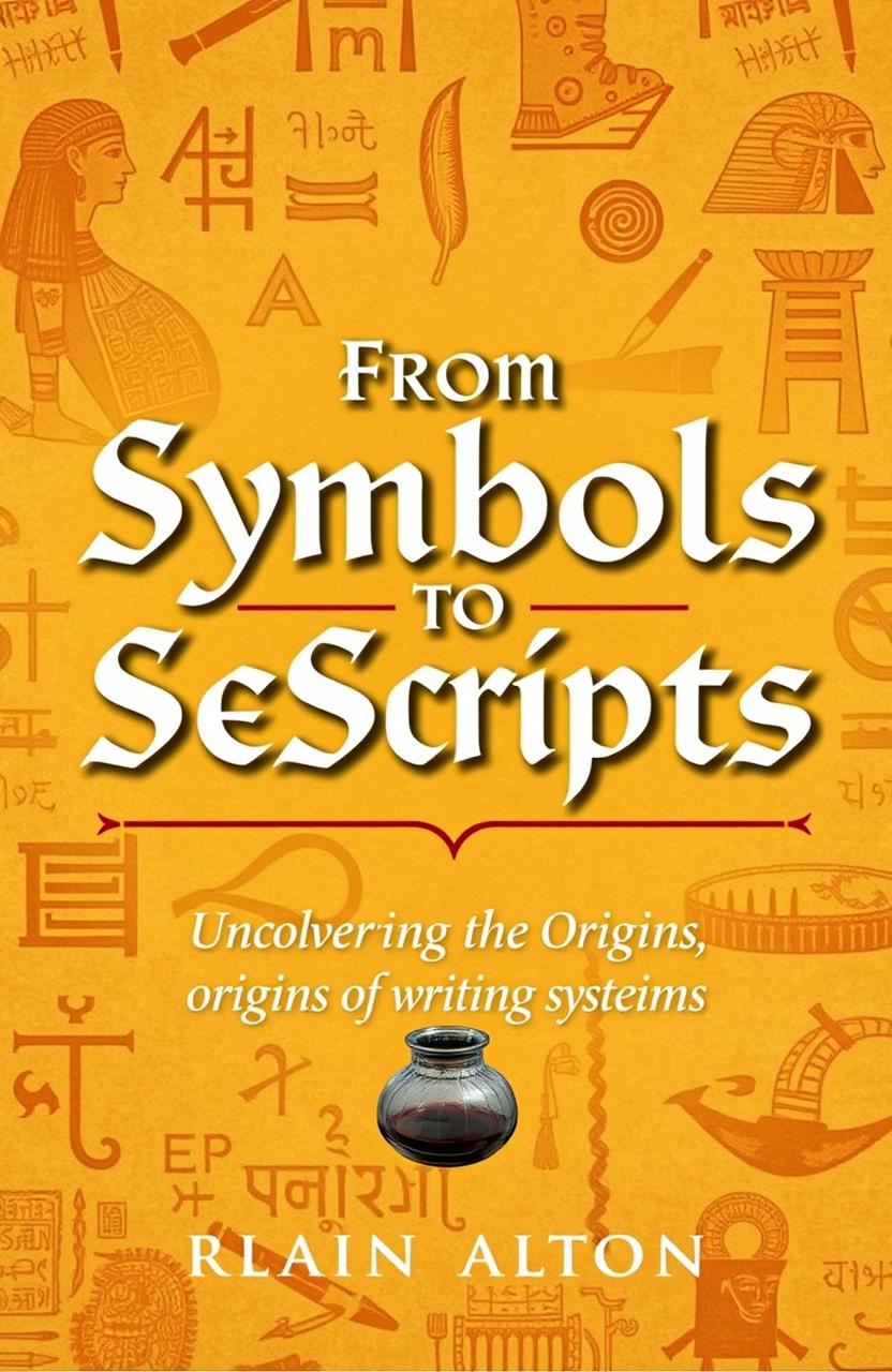 A visually striking book cover titled "From Symbols to Scripts: Uncovering the Origins of Writing Systems"