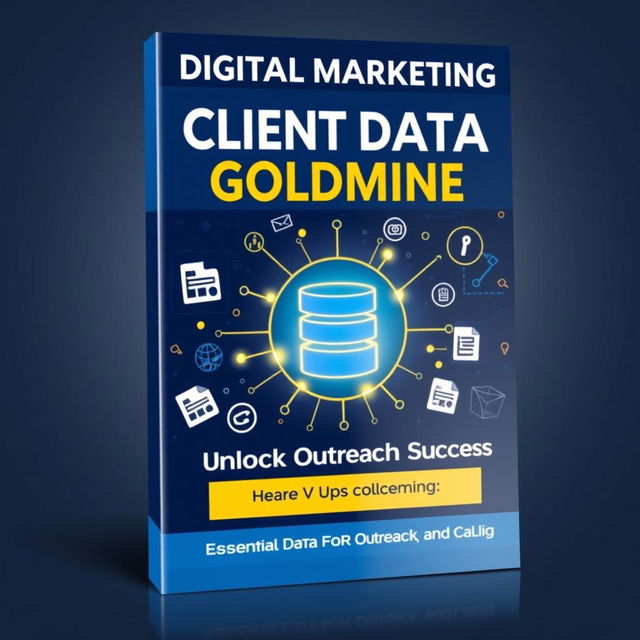 An eye-catching eBook cover design for a digital product titled 'Digital Marketing Client Data Goldmine: Unlock Outreach Success'