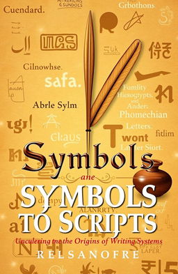 A visually striking book cover titled "From Symbols to Scripts: Uncovering the Origins of Writing Systems"