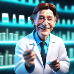 A 3D animated image depicting a handsome, older scientist with brown hair, laughing heartily while holding a syringe, set in a dimly lit blue laboratory