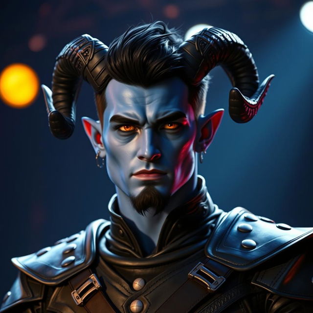 A handsome young blue male tiefling with striking black ram horns, styled black hair, and a goatee, portraying an intense expression with glowing gold eyes