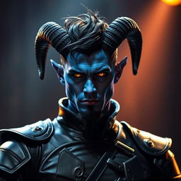 A handsome young blue male tiefling with striking black ram horns, styled black hair, and a goatee, portraying an intense expression with glowing gold eyes