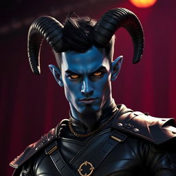 A handsome young blue male tiefling with striking black ram horns, styled black hair, and a goatee, portraying an intense expression with glowing gold eyes