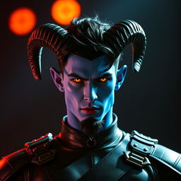 A handsome young blue male tiefling with striking black ram horns, styled black hair, and a goatee, portraying an intense expression with glowing gold eyes