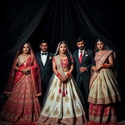 A dramatic scene set beneath a darkened veil, featuring three couples in an Indian wedding theme intertwined with mafia elements